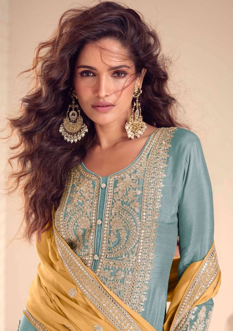 Blue Embroidered Chinon Kurta Set - Indya