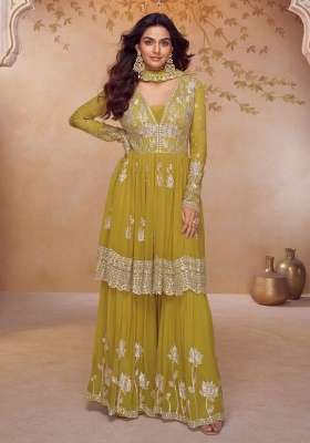 Yellow Embroidered Chinon Kurta Set