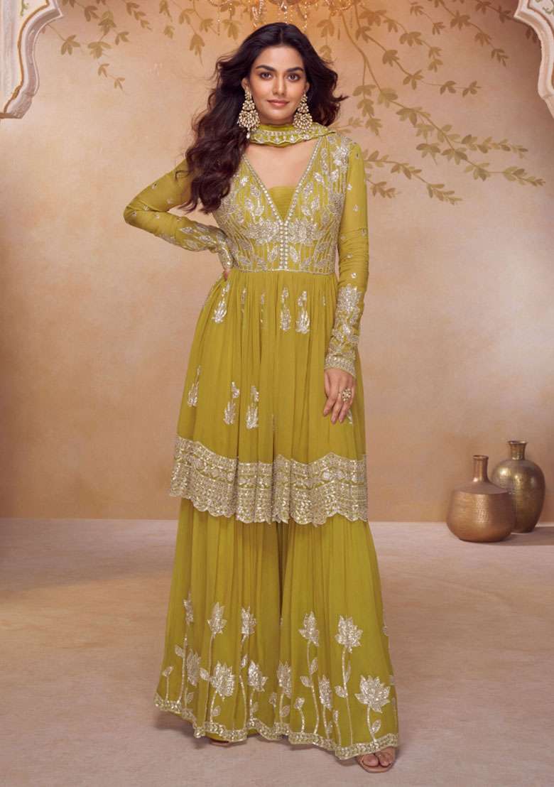 Yellow Embroidered Chinon Kurta Set - Indya