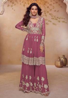 Pink Embroidered Chinon Kurta Set