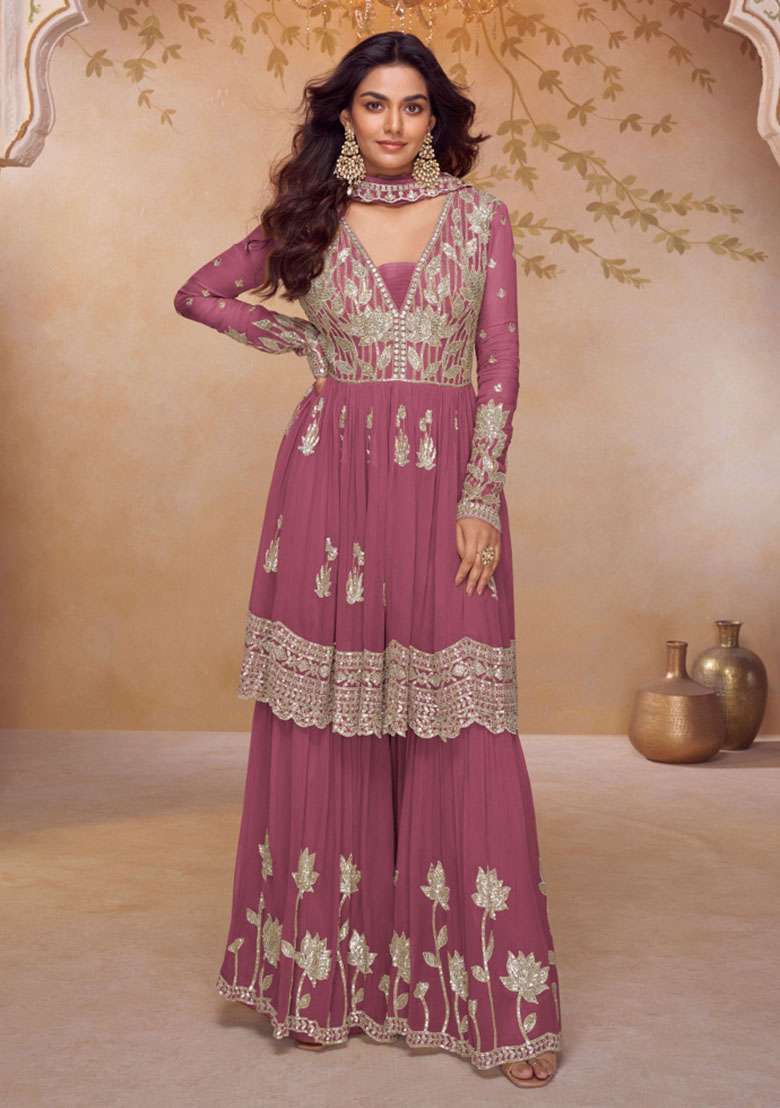 Pink Embroidered Chinon Kurta Set - Indya