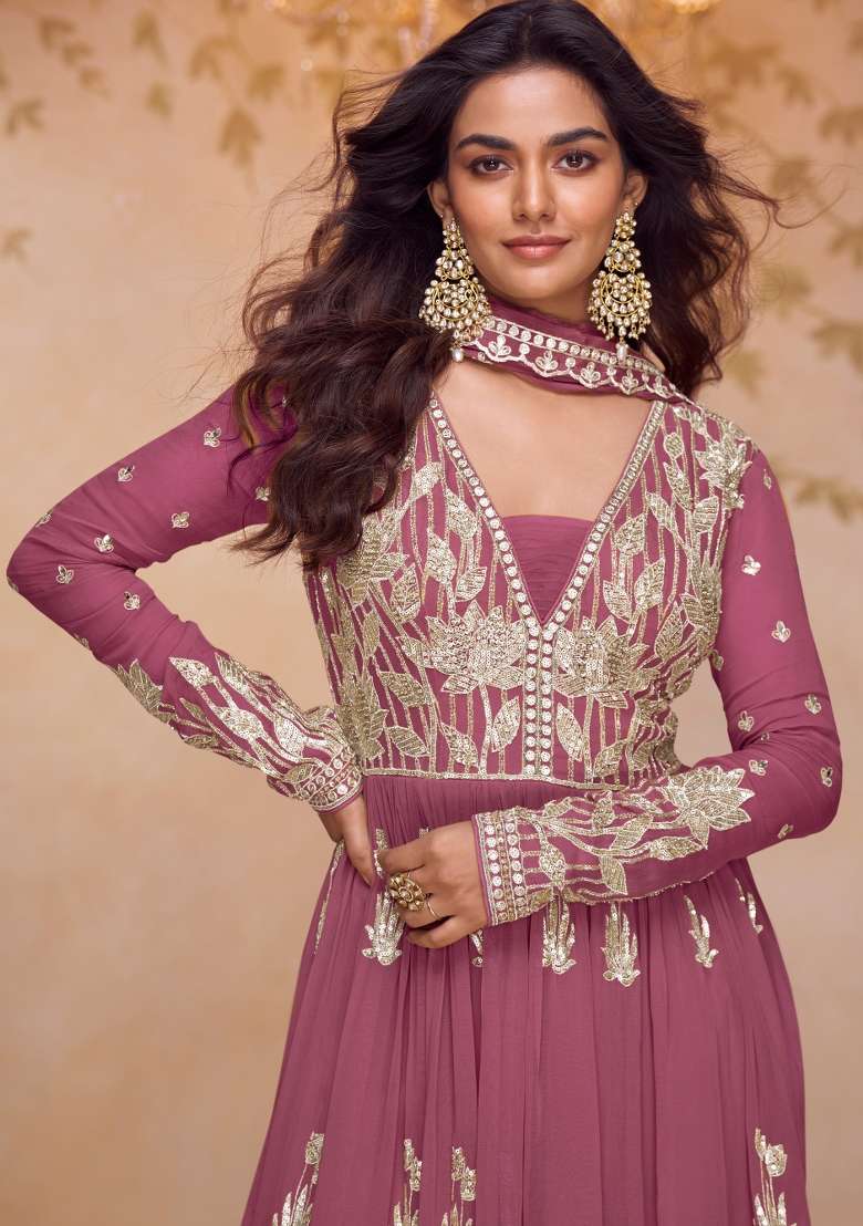 Pink Embroidered Chinon Kurta Set - Indya