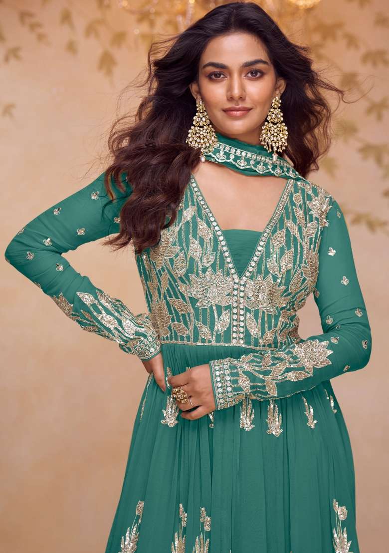 Turquoise Embroidered Chinon Kurta Set - Indya