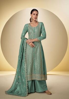 Sea Green Embroidered Silk Kurta Set