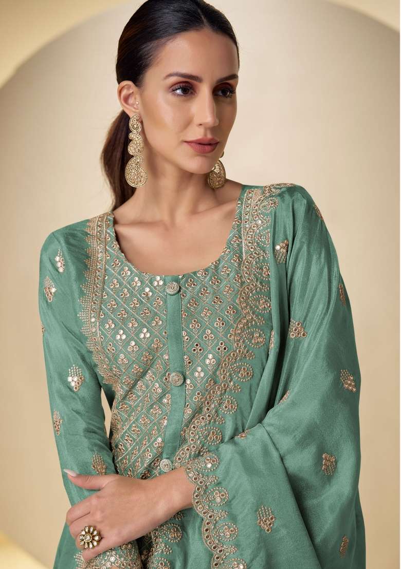 Sea Green Embroidered Silk Kurta Set - Indya