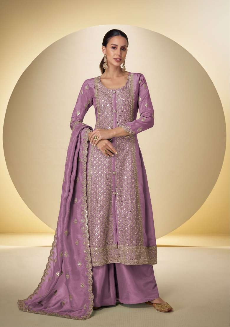 Lilac Embroidered Silk Kurta Set - Indya