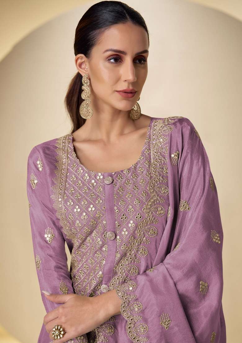 Lilac Embroidered Silk Kurta Set - Indya