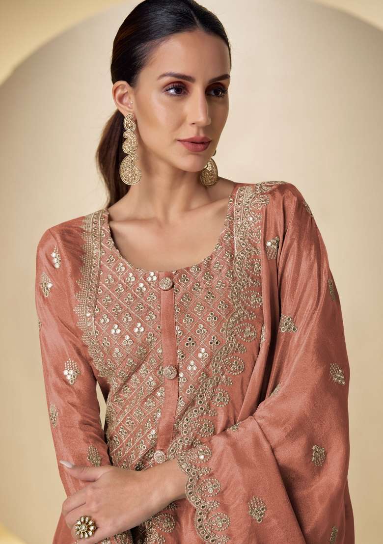 Peach Embroidered Silk Kurta Set - Indya
