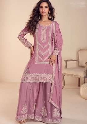 Pink Embroidered Chinon Kurta Set