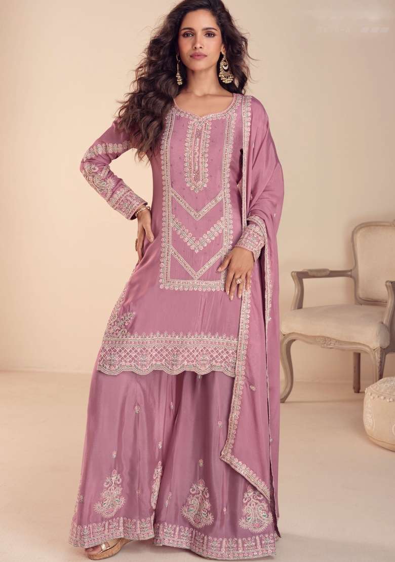 Pink Embroidered Chinon Kurta Set - Indya
