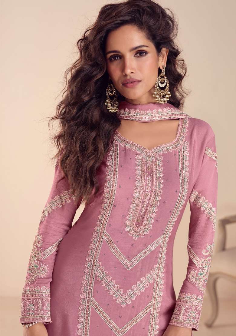Pink Embroidered Chinon Kurta Set - Indya