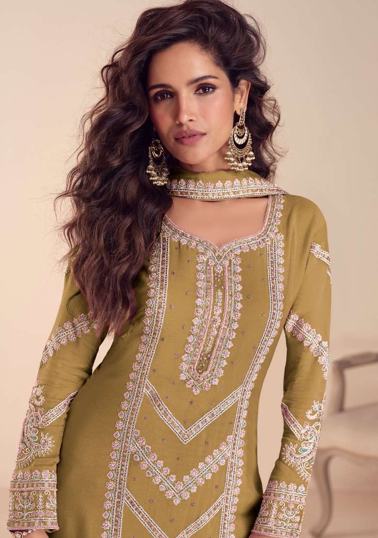 Mustard Embroidered Chinon Kurta Set - Indya