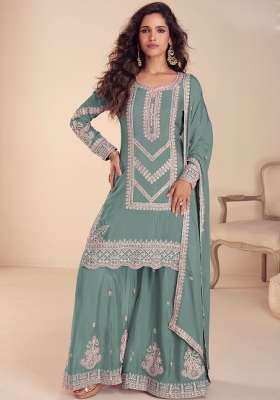 Sea Green Embroidered Chinon Kurta Set