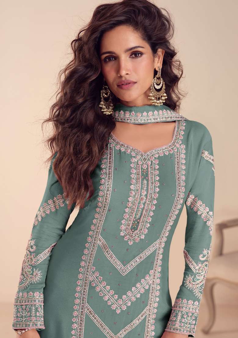 Sea Green Embroidered Chinon Kurta Set - Indya