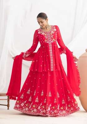 Red Embroidered Georgette Kurta Set