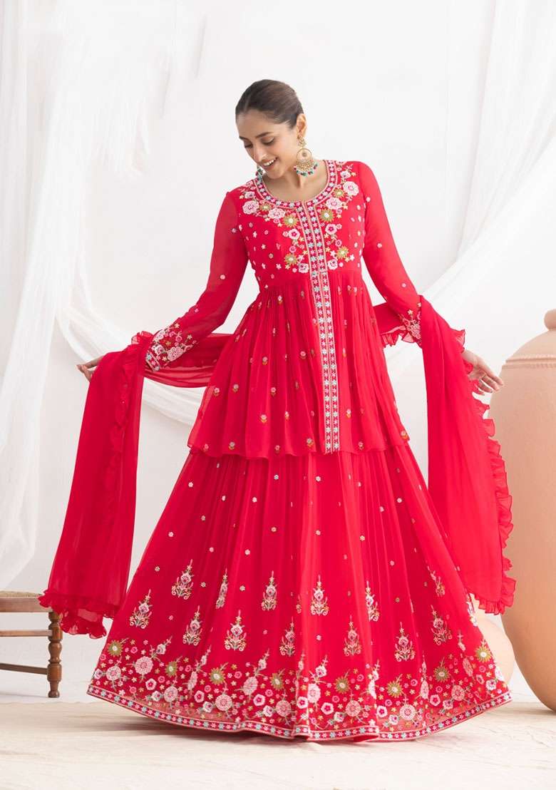 Red Embroidered Georgette Kurta Set - Indya