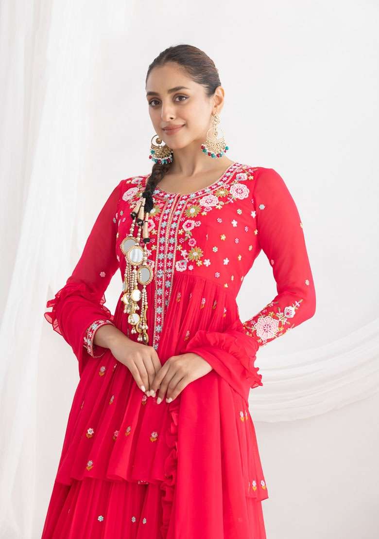 Red Embroidered Georgette Kurta Set - Indya