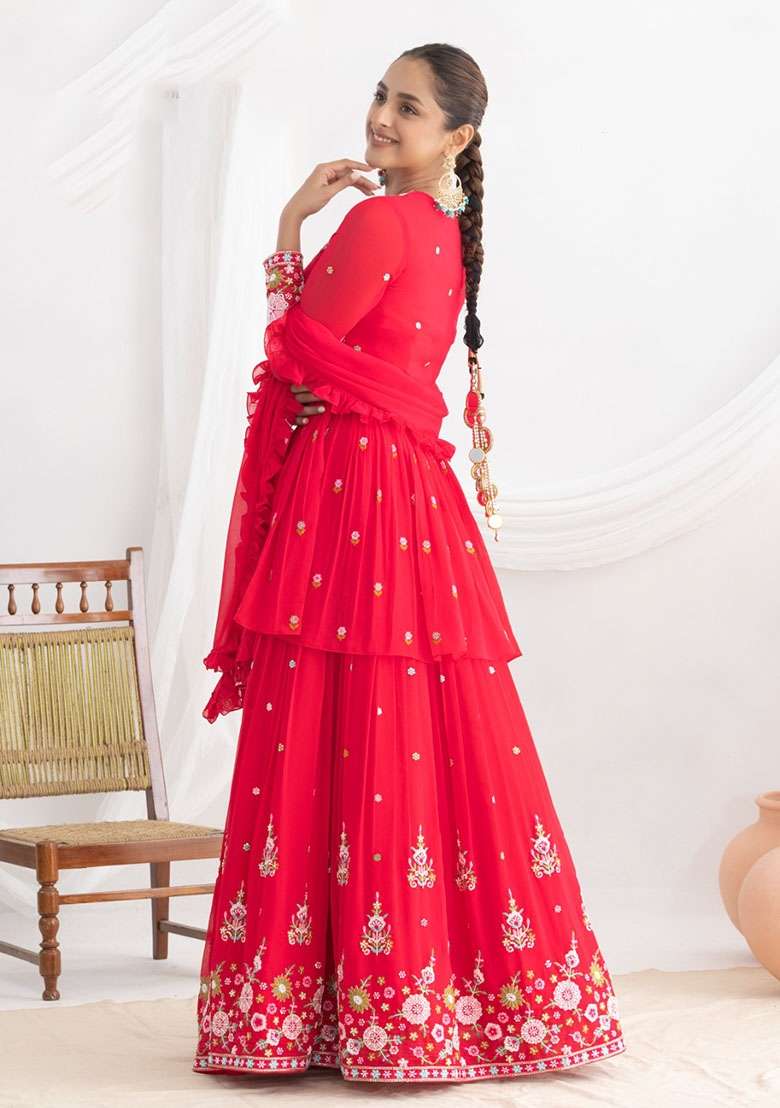 Red Embroidered Georgette Kurta Set - Indya