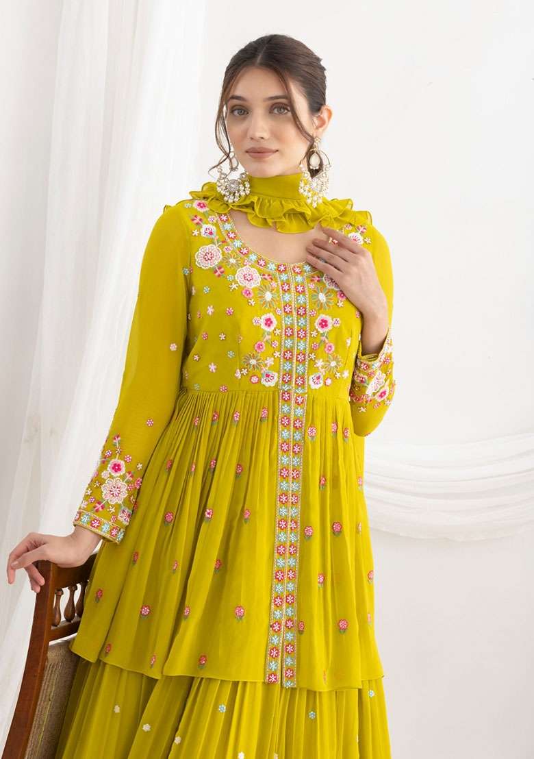 Yellow Embroidered Georgette Kurta Set - Indya