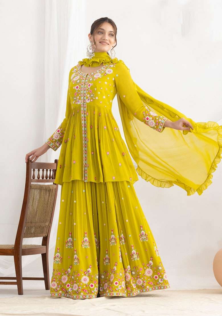 Yellow Embroidered Georgette Kurta Set - Indya