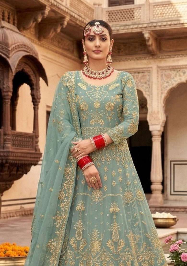 Teal Embroidered Net Kurta Set - Indya