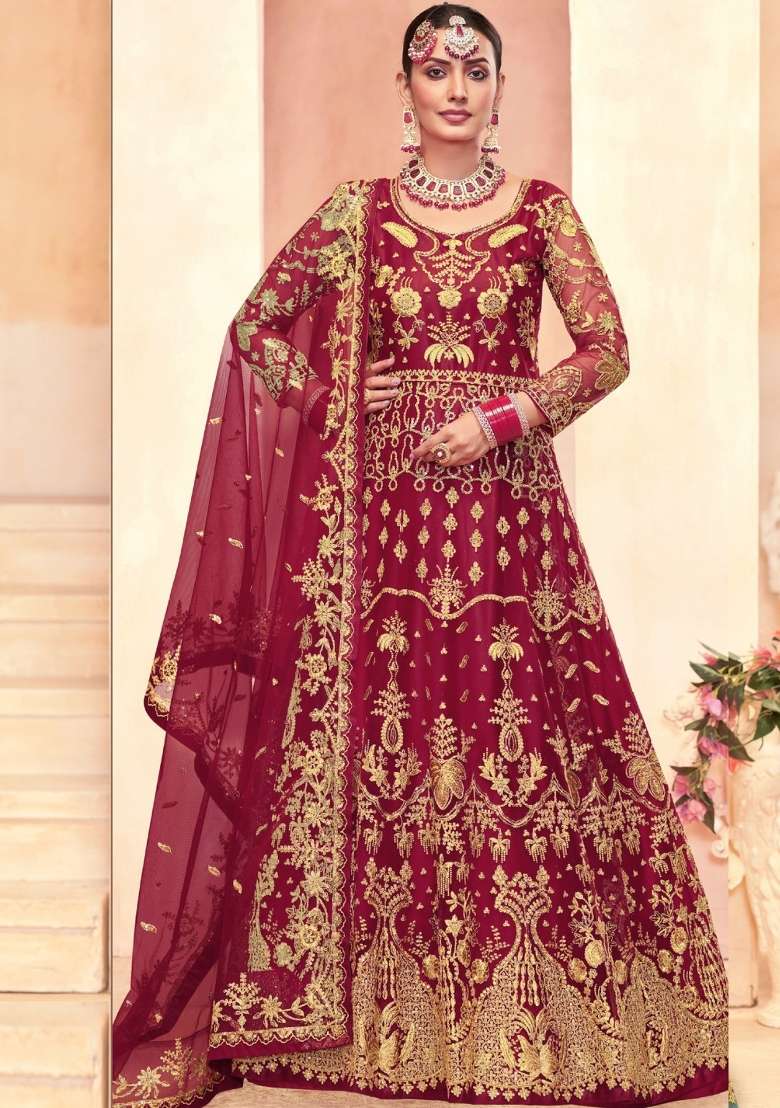 Red Embroidered Net Kurta Set - Indya
