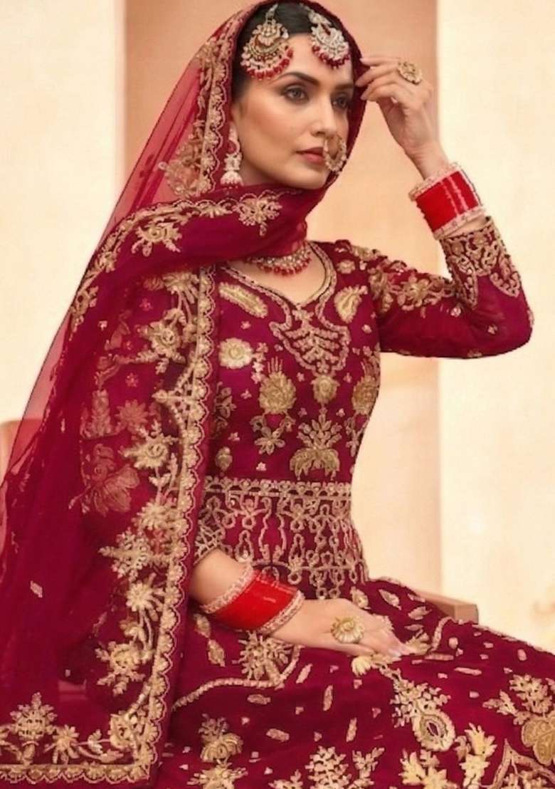 Red Embroidered Net Kurta Set - Indya