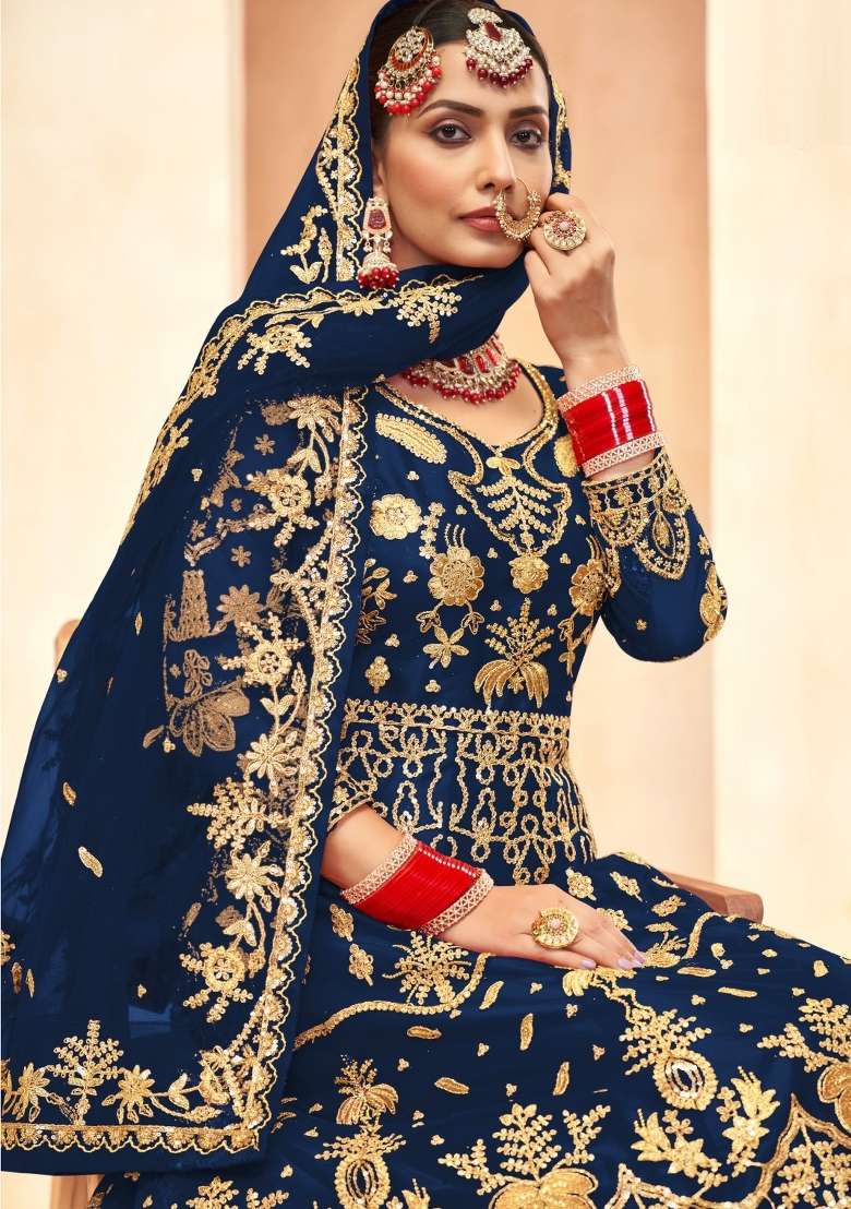 Sapphire Blue Embroidered Net Kurta Set - Indya