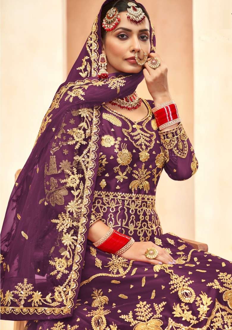Royal Purple Embroidered Net Kurta Set - Indya