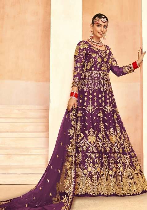 Royal Purple Embroidered Net Kurta Set