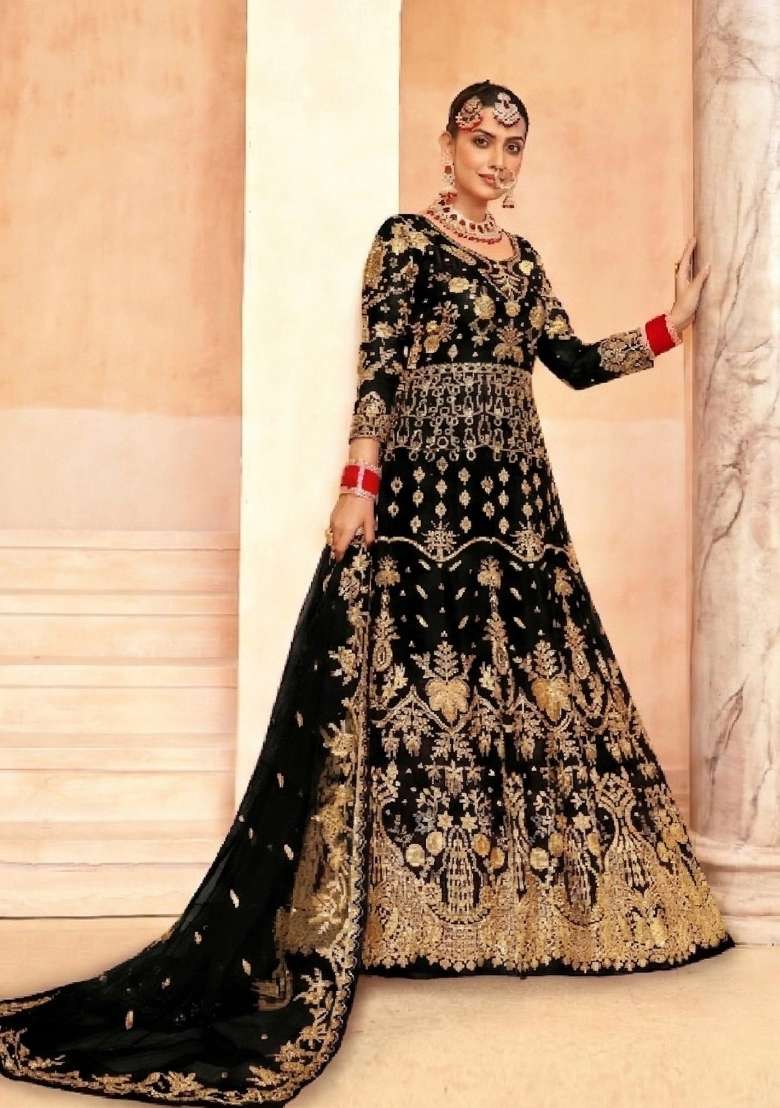 Stunning Black Embroidered Net Kurta Set - Indya