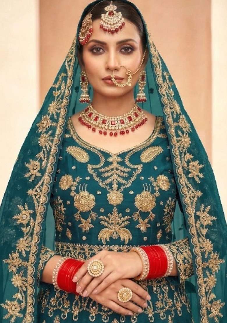 Emerald Green Embroidered Net Kurta Set - Indya