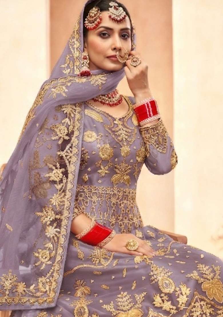 Soft Lavender Embroidered Net Kurta Set - Indya