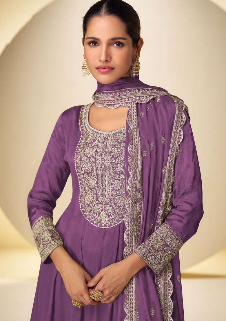 Violet Embroidered Chinon Kurta Set - Indya