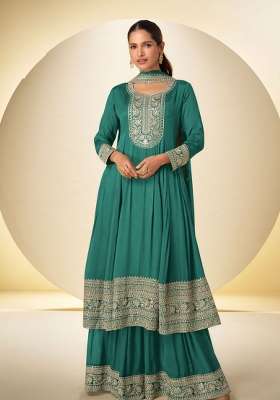 Peacock Green Embroidered Chinon Kurta Set
