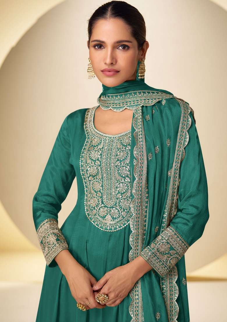 Peacock Green Embroidered Chinon Kurta Set - Indya