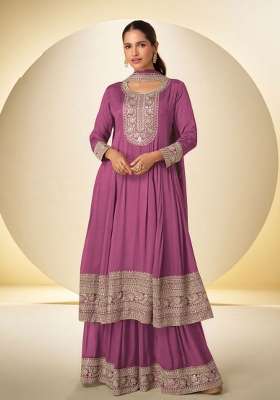 Pink Embroidered Chinon Kurta Set