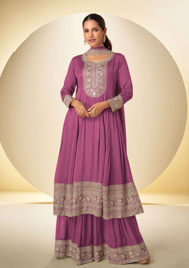 Pink Embroidered Chinon Kurta Set - Indya