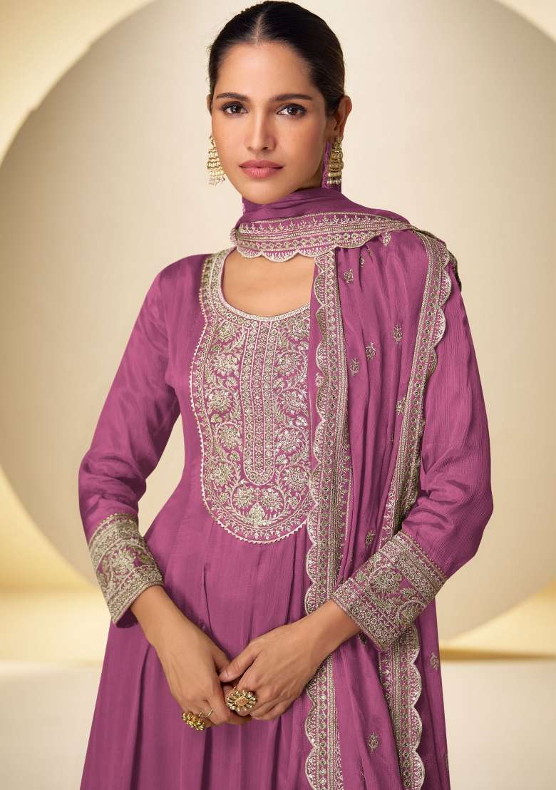 Pink Embroidered Chinon Kurta Set - Indya