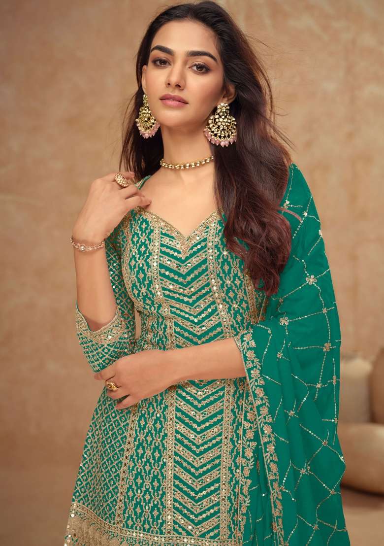 Teal Embroidered Chinon Kurta Set - Indya