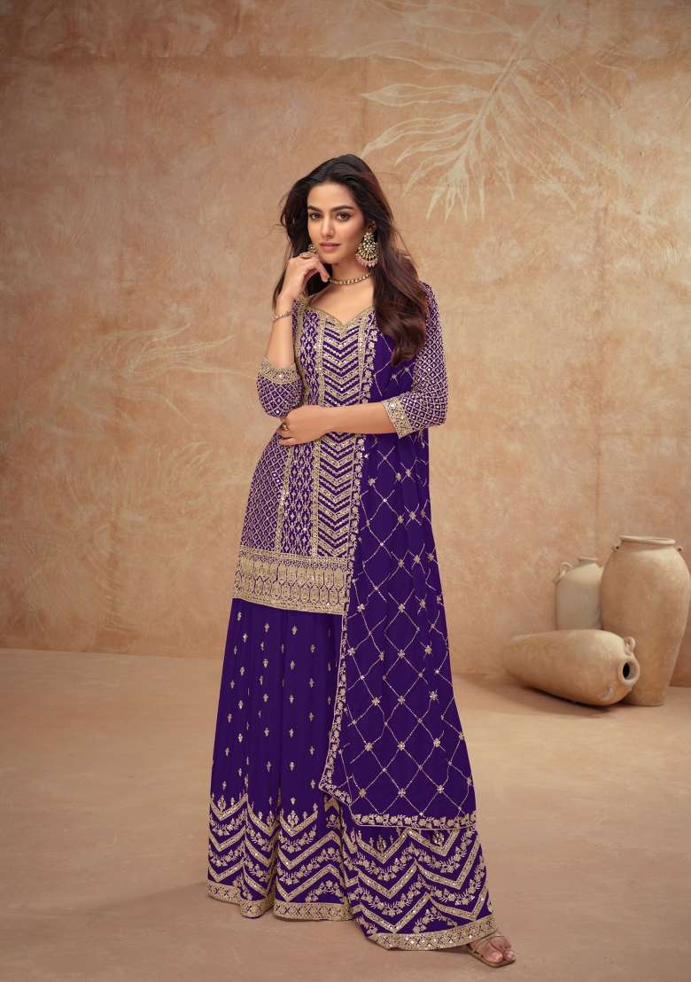 Deep Purple Embroidered Chinon Kurta Set - Indya