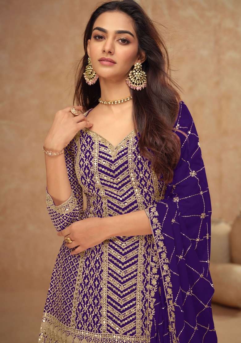 Deep Purple Embroidered Chinon Kurta Set - Indya