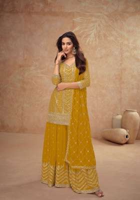 Mustard Yellow Embroidered Chinon Kurta Set