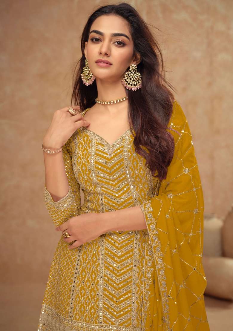 Mustard Yellow Embroidered Chinon Kurta Set - Indya