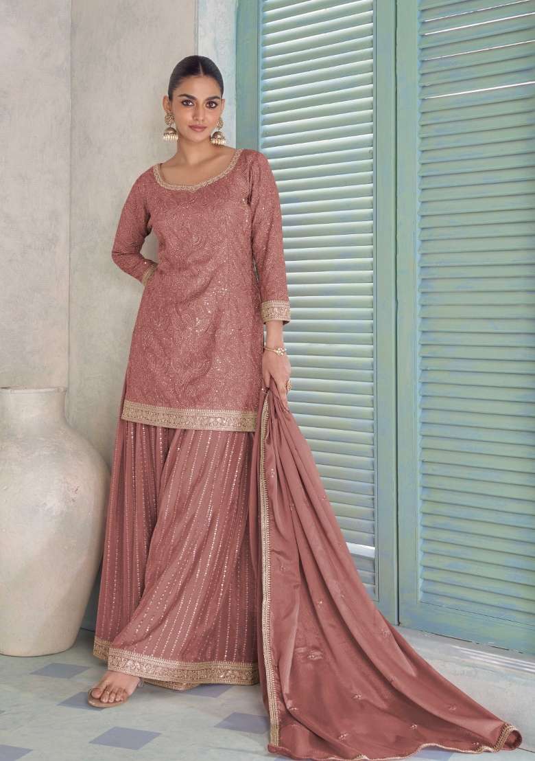 Blush Pink Embroidered Chinon Kurta Set - Indya
