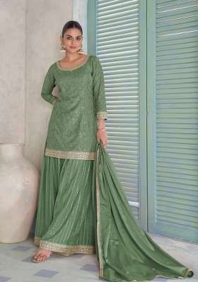 Sea Green Embroidered Chinon Kurta Set