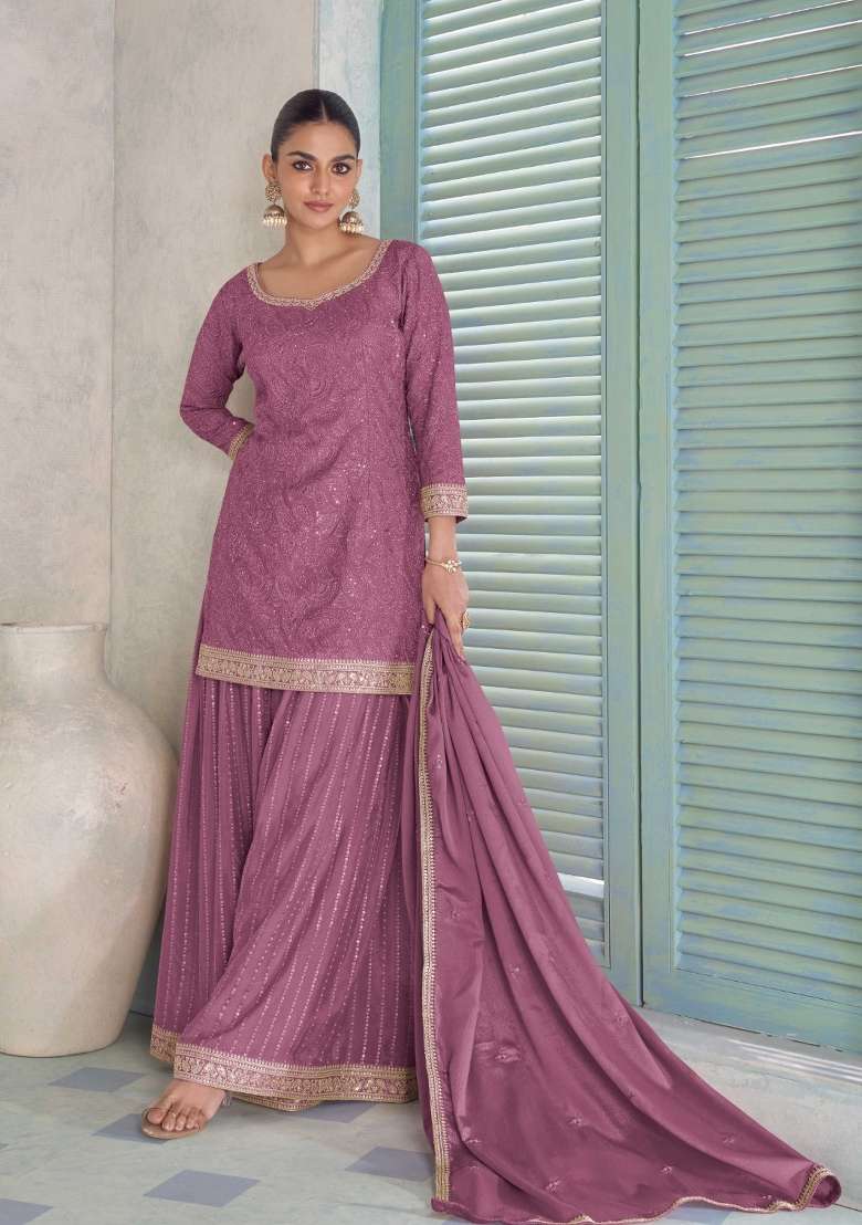 Pink Embroidered Chinon Kurta Set - Indya