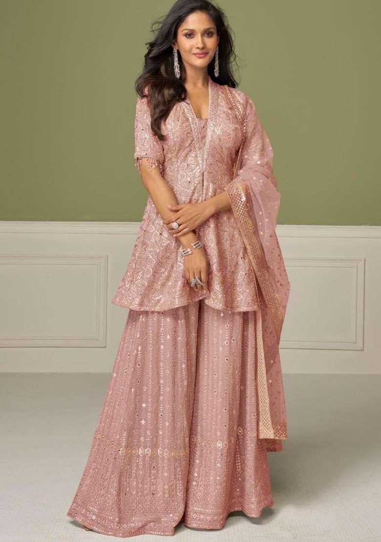 Dusty Rose Embroidered Georgette Kurta Set - Indya