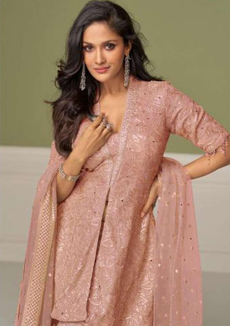 Dusty Rose Embroidered Georgette Kurta Set - Indya
