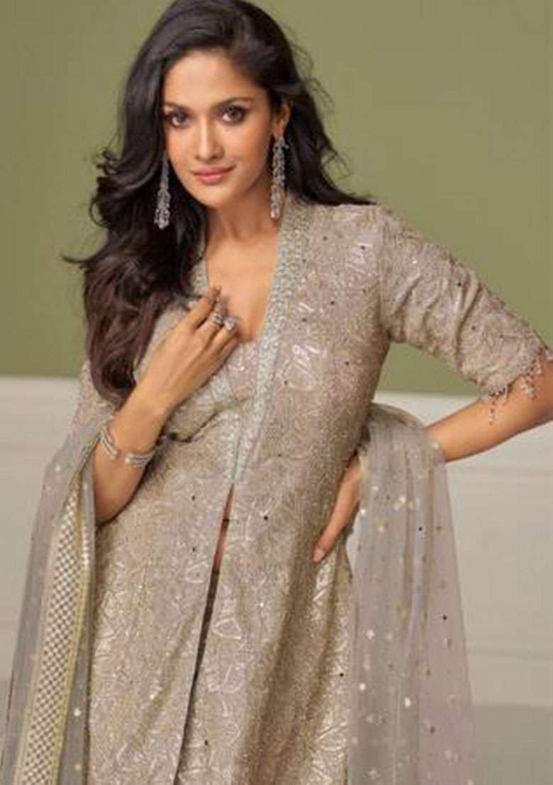 Grey Embroidered Georgette Kurta Set - Indya